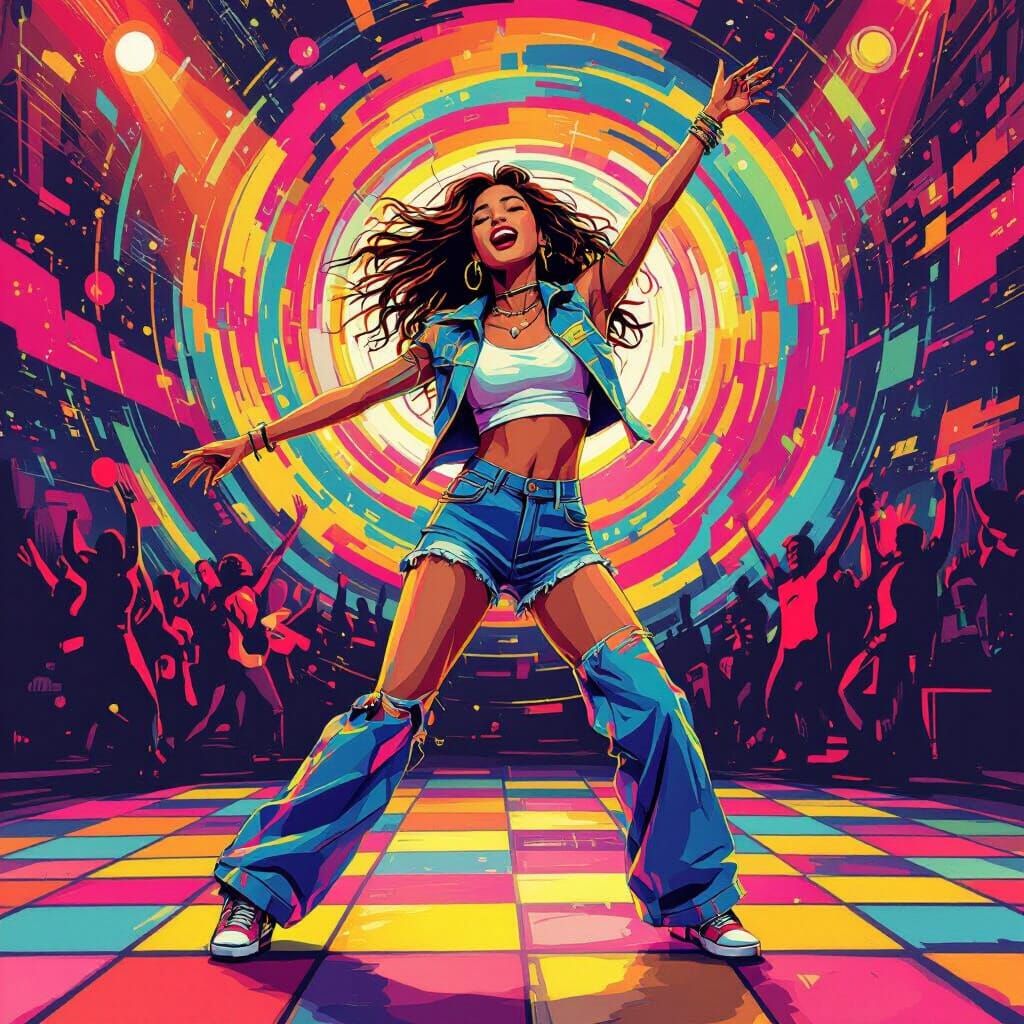Woman Dancing and Singing on Neon Dance Floor in Graphic Art...