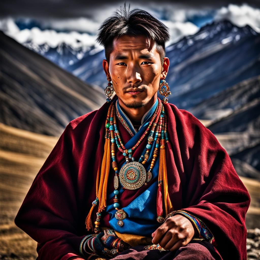 Young Tibetan Man Portrait in Traditional Dress