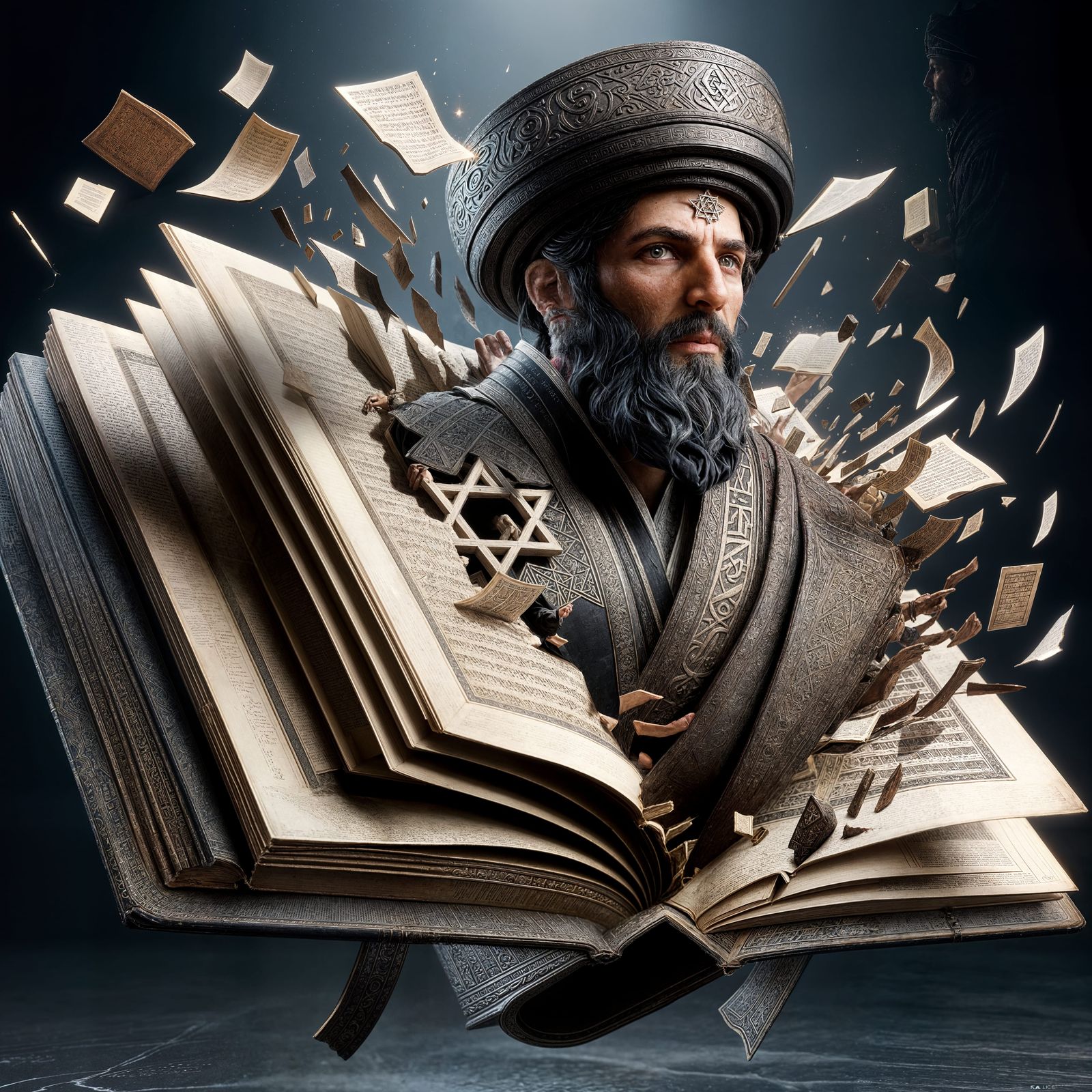 Rabbi Figure Emerging Angrily From Ancient Book, 3D Renderin...