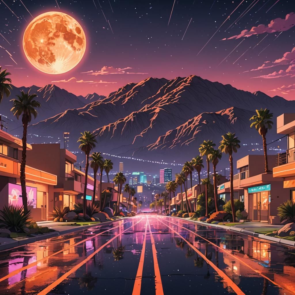 Palm Springs Cityscape with Alien Spaceship in Anime Style