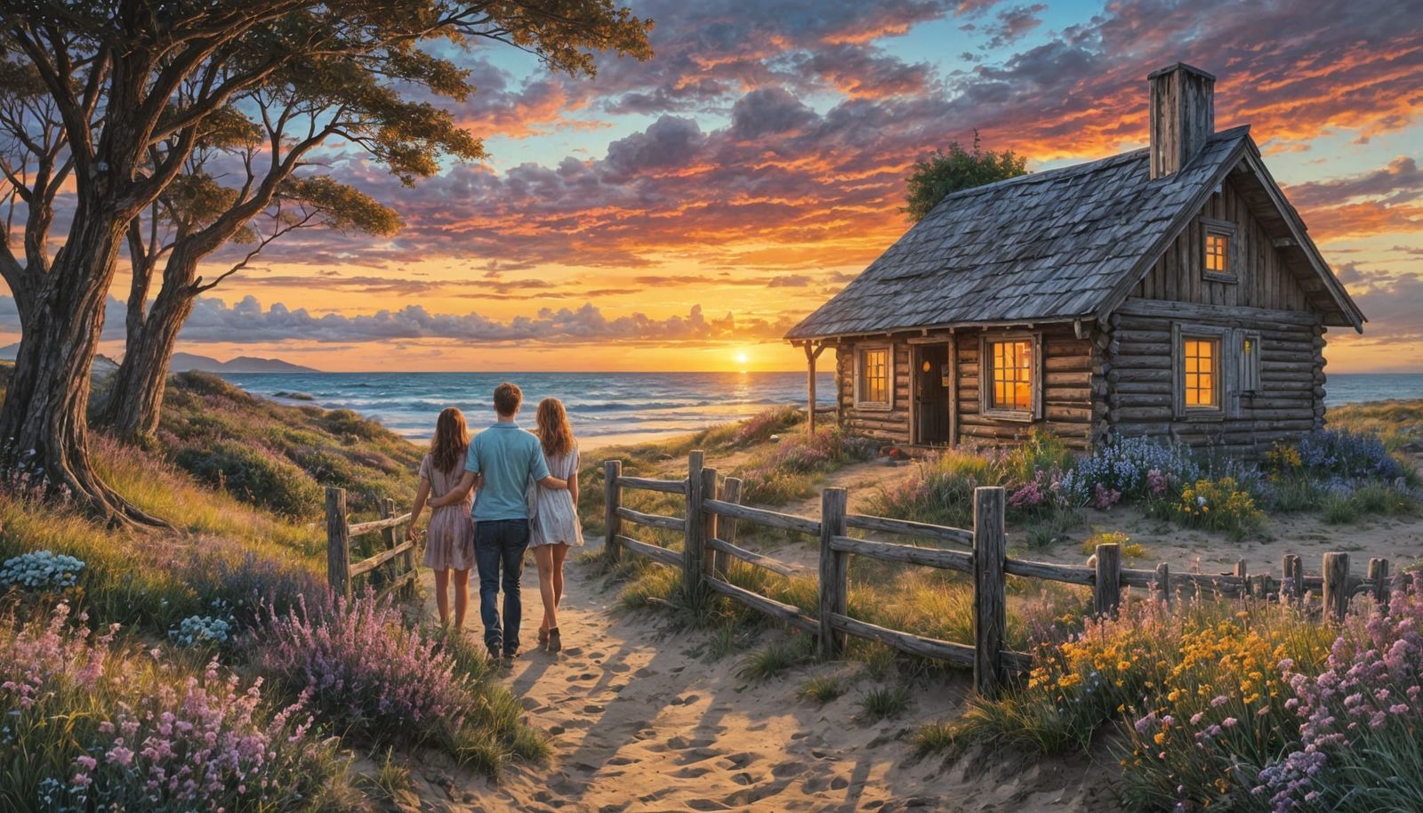 Beach Sunset Watercolor Painting with Couple