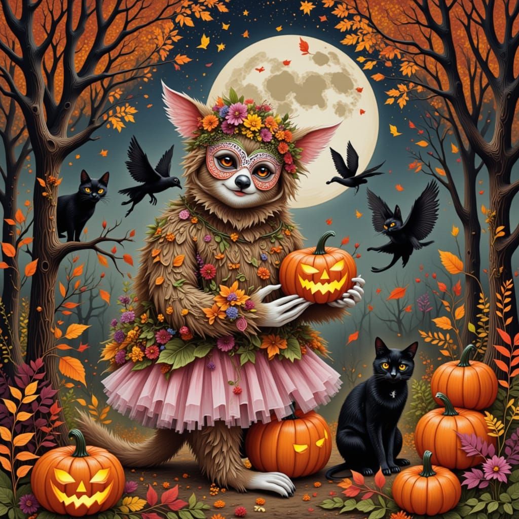 Whimsical Sloth in Masquerade Mask with Jack-o'-lanterns