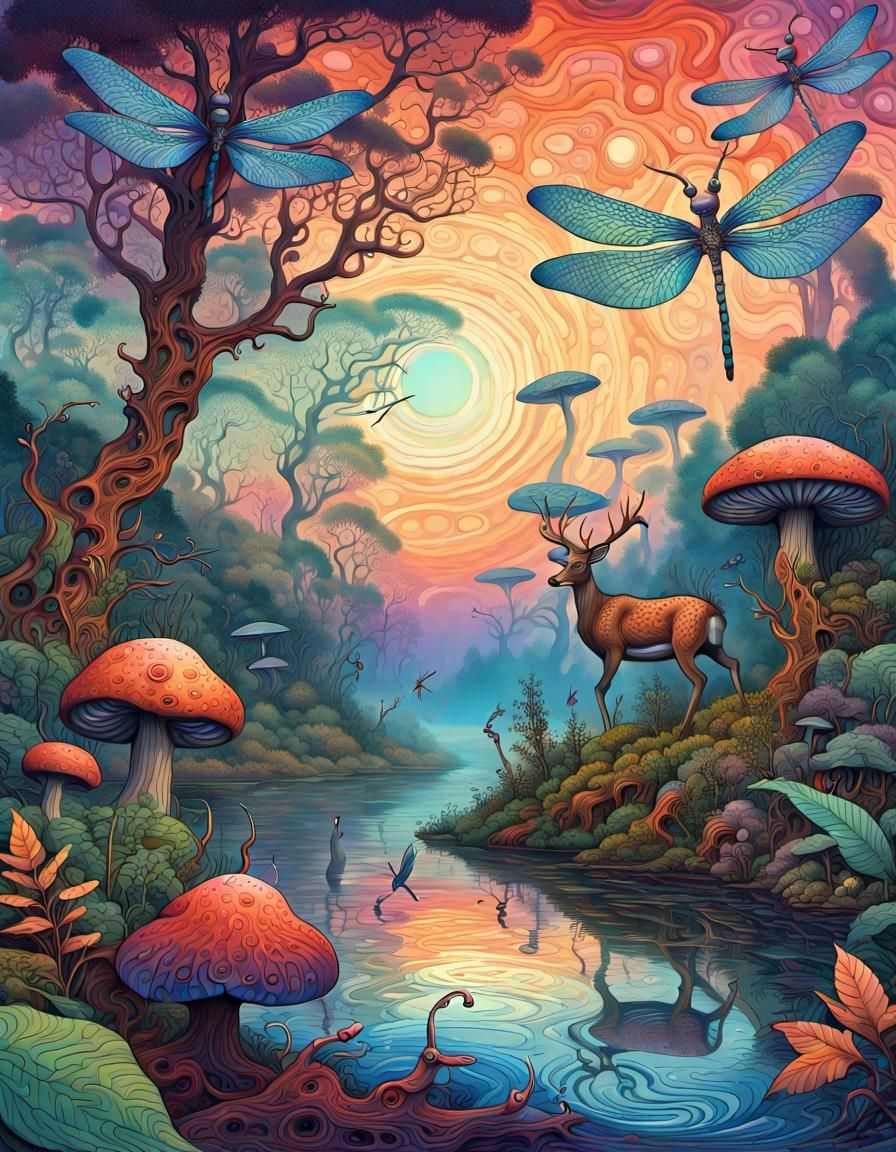 Fantastical Rainforest Scene in Expressionist Style