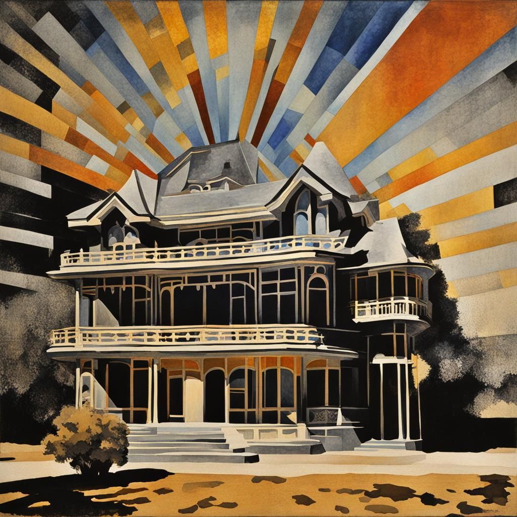 Surreal Architecture with Radiating Light in Gouache Style