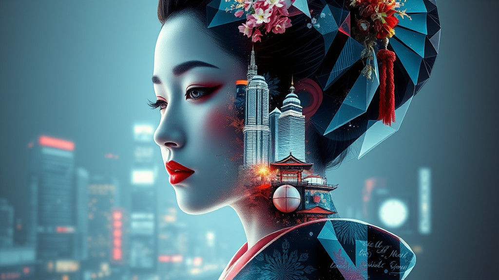 Geisha Portrait in Prismatic Crystal and Glass