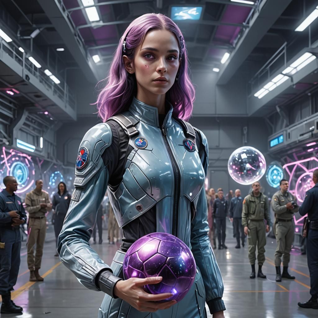 Extraterrestrial Woman with Crystal Orb in Sci-Fi Hangar