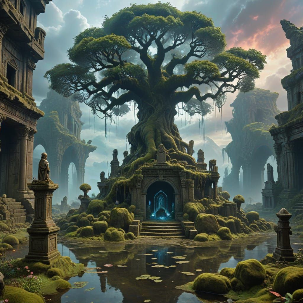 Mythical Floating Island with Crystalline Tree