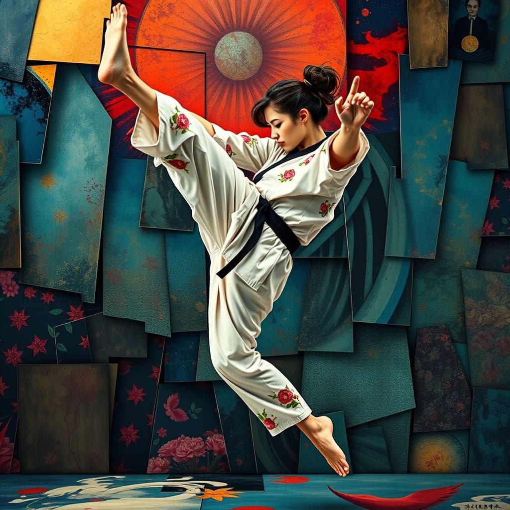 Female Karateka Flying Kick in Surrealist Style
