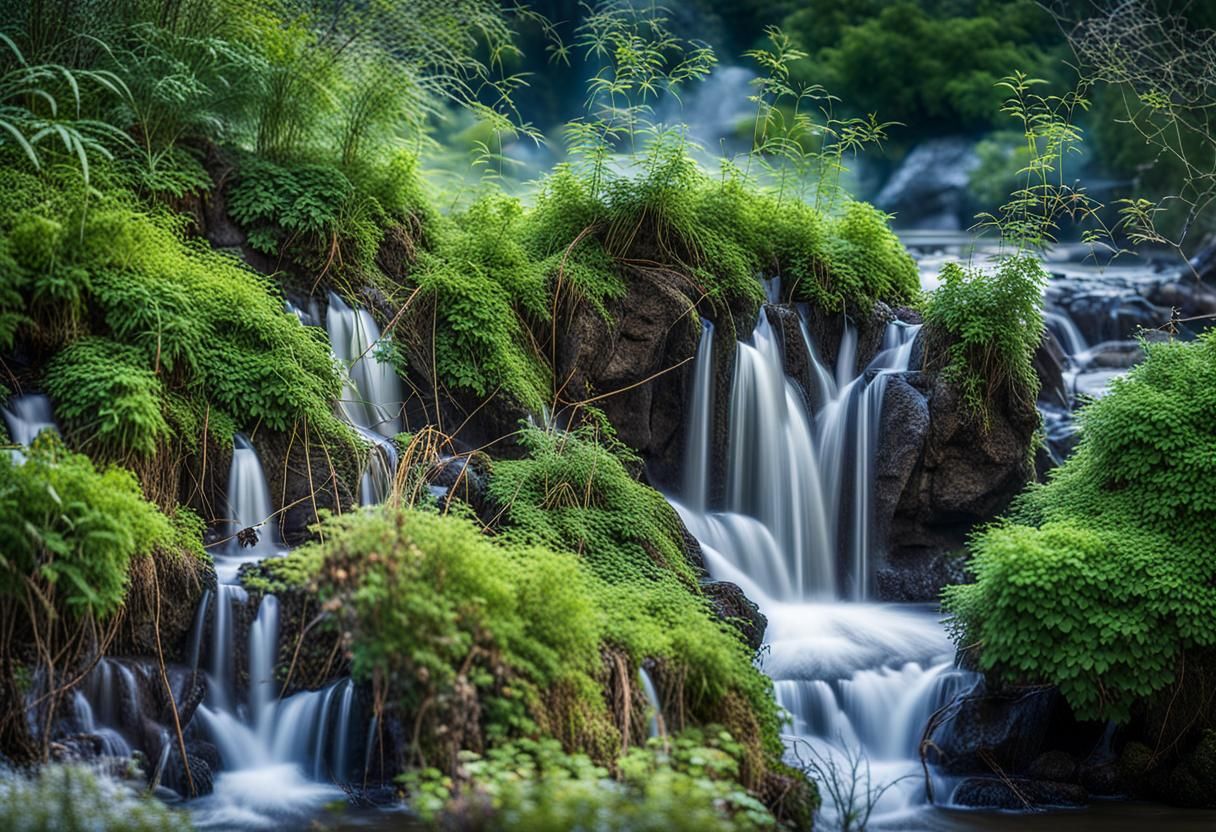Serene Waterfall Landscape with Birds: Professional Photogra...
