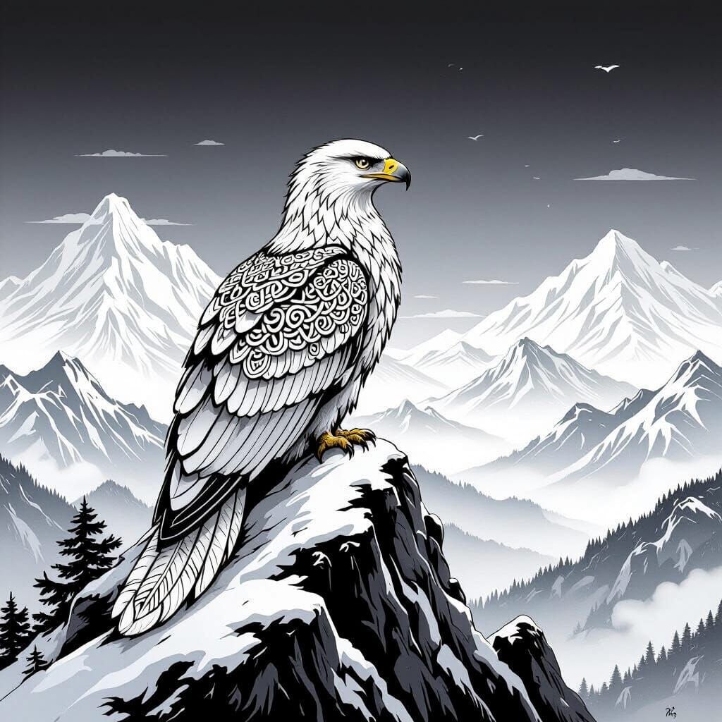 Griffin with Celtic Knots on Snowy Peak in Line Art