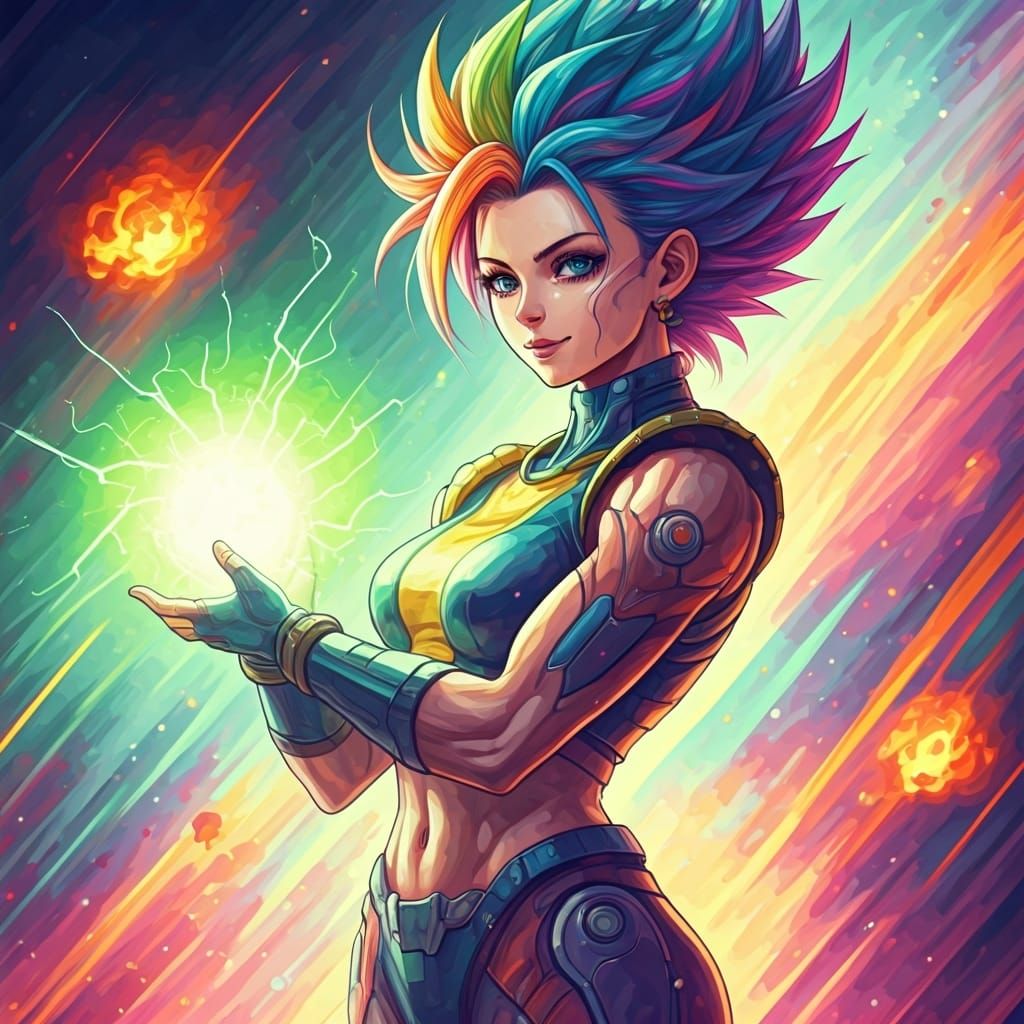 Super Saiyan Woman with Energy Ball, in Watercolor Style