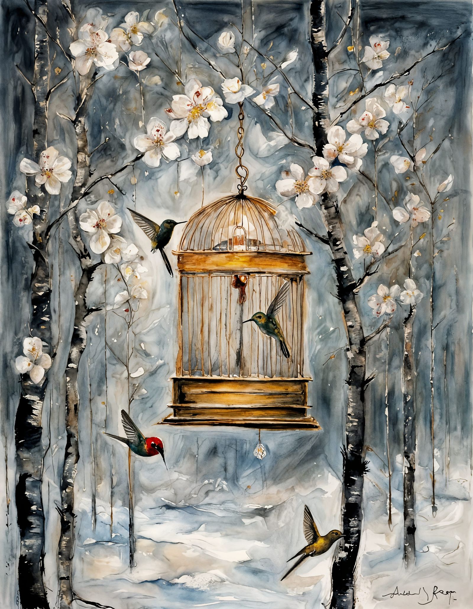 Golden Birdcage with Bioluminescent Hummingbird in Boreal Fo...