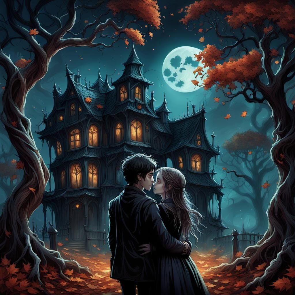 Gothic Lovers Embrace in Whimsical Autumn Fantasy