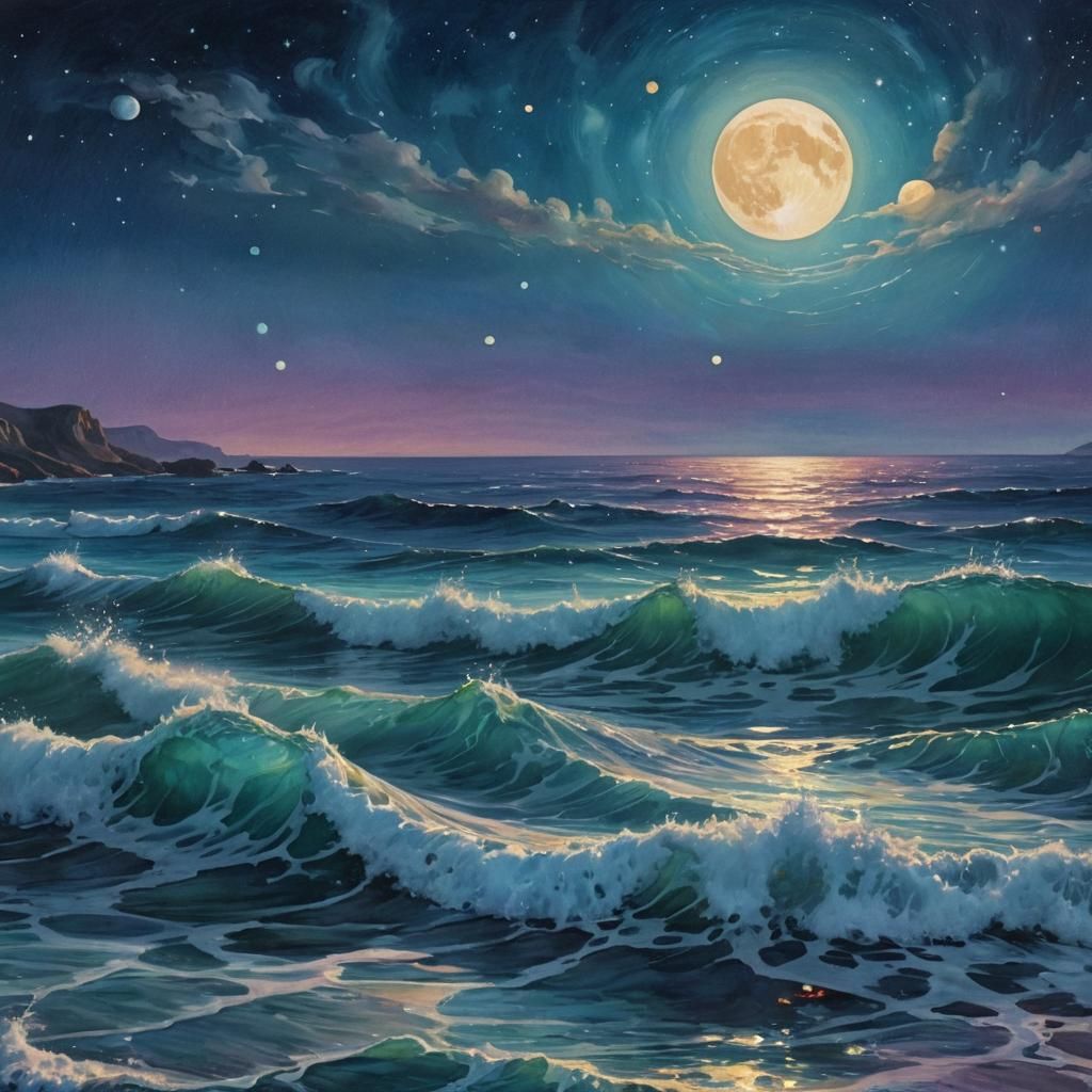 Bioluminescent Moon Over Ethereal Waves: Surreal Landscape