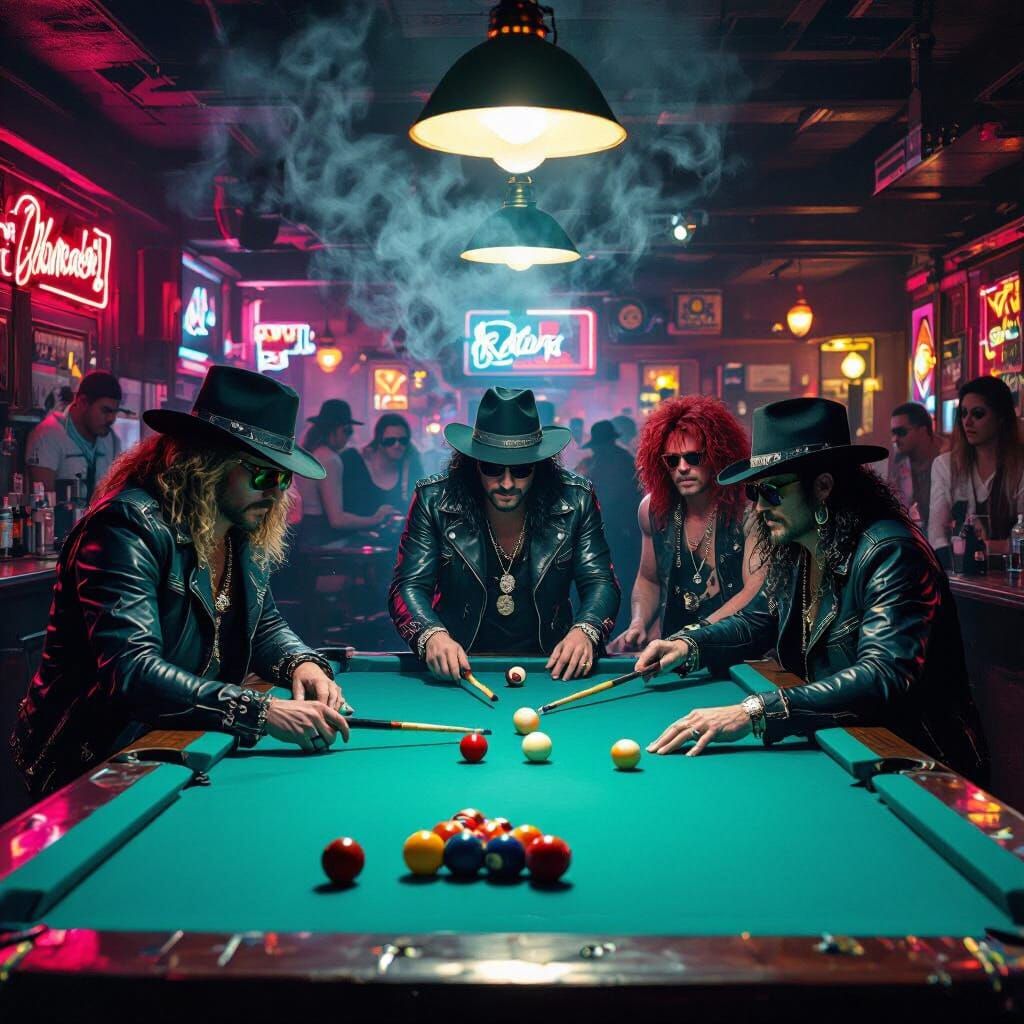 Rockstars Playing Pool in Neon-Lit Bar