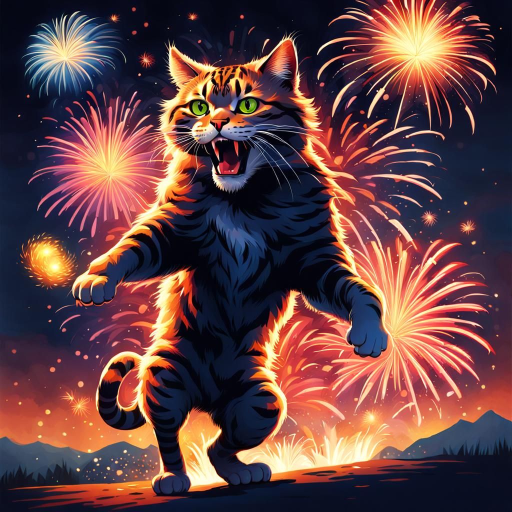 Wild Cat Leaping Through Fireworks Explosion
