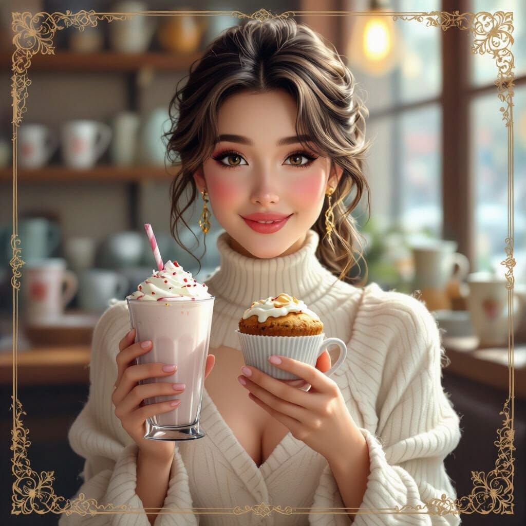 Elegant Woman with Milkshake, Hyperrealistic Digital Portrai...