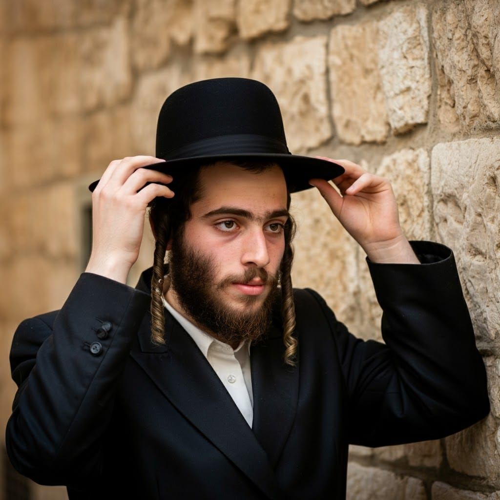Haredi Man in Traditional Attire, Exchanging Hats