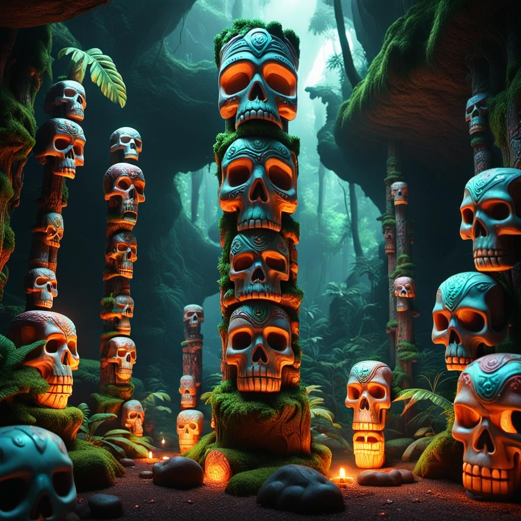 A totem pole with different scull candy carvings placed at t...