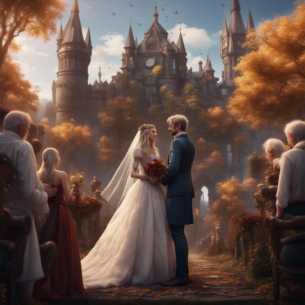 Blonde Man Marrying Brunette Woman: Fantasy Art