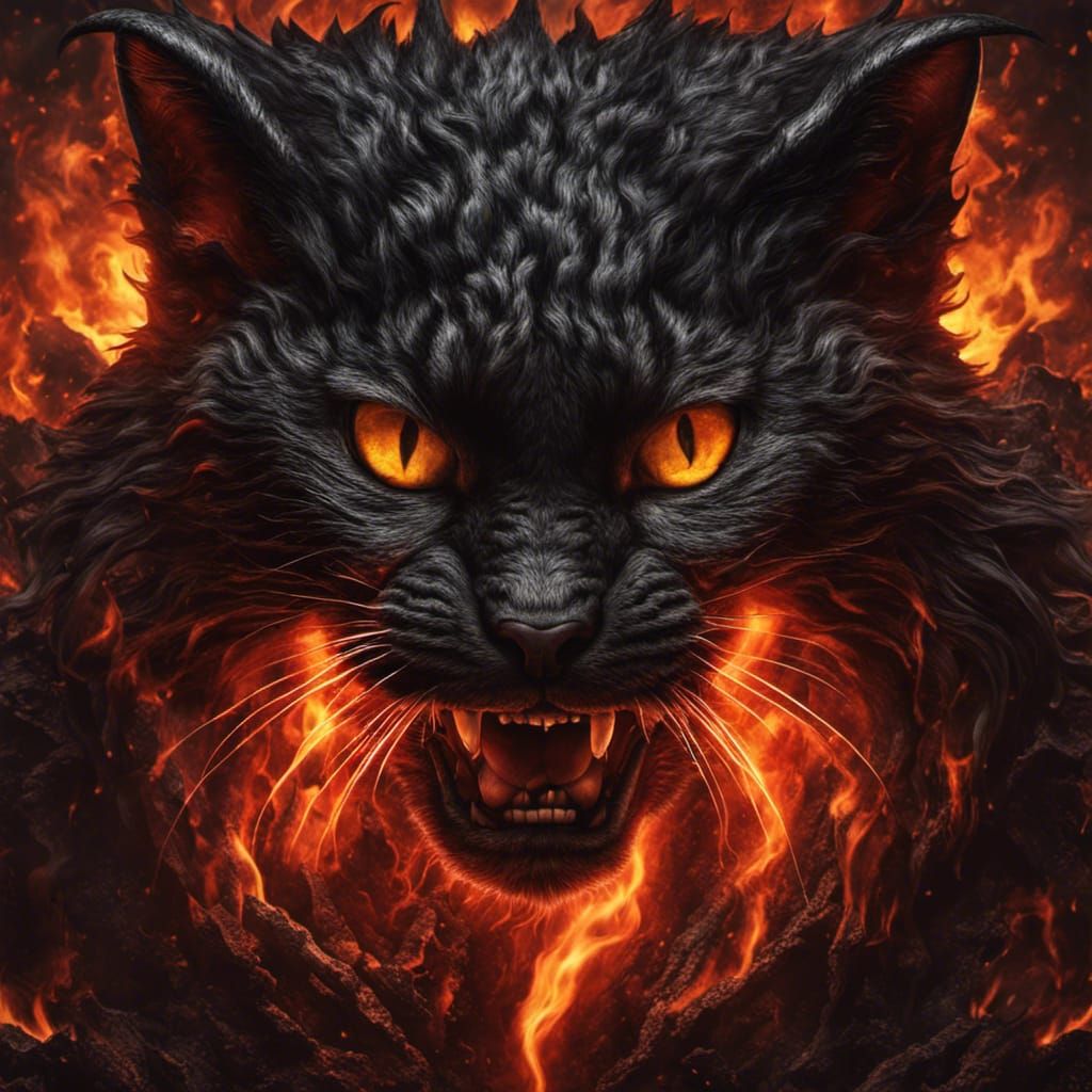 Hyperrealistic Demonic Hellcat in Fiery Landscape