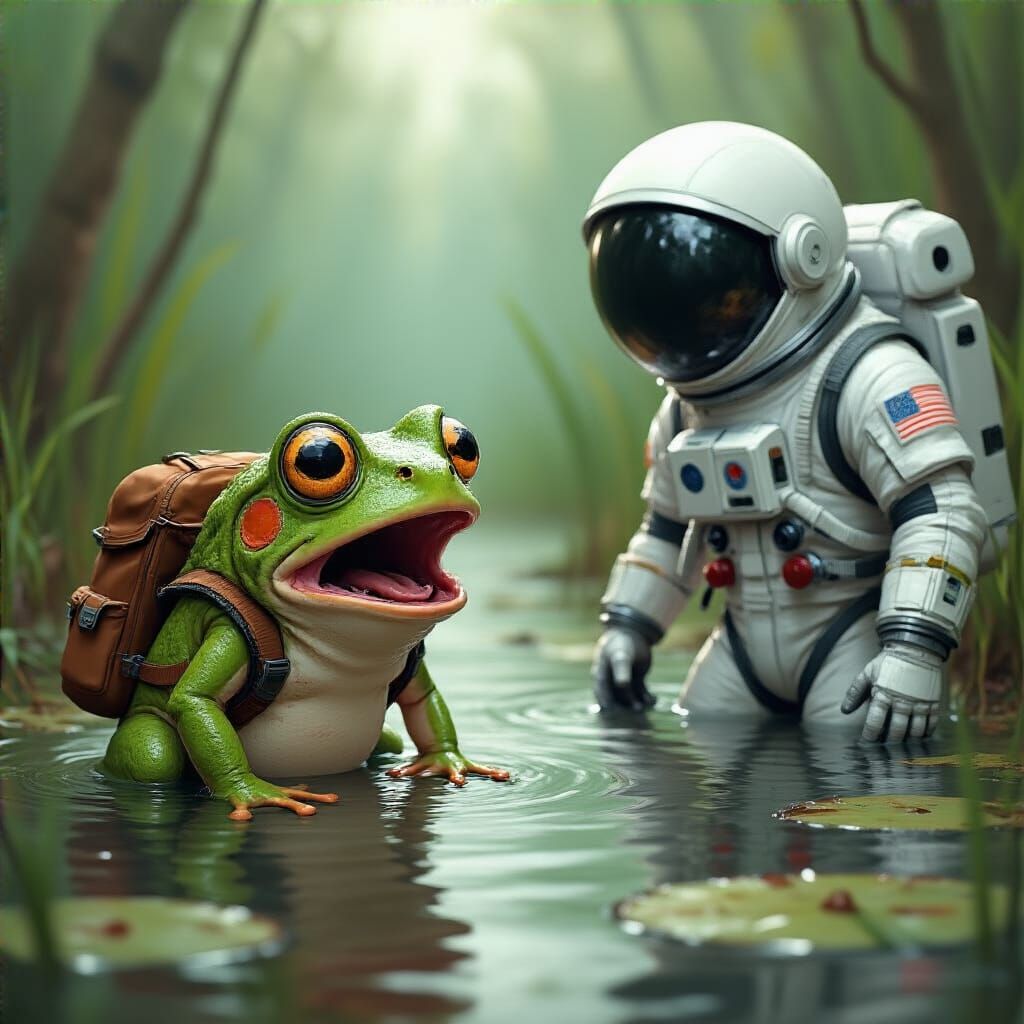 Shocked Frog Sees Astronaut in Swamp