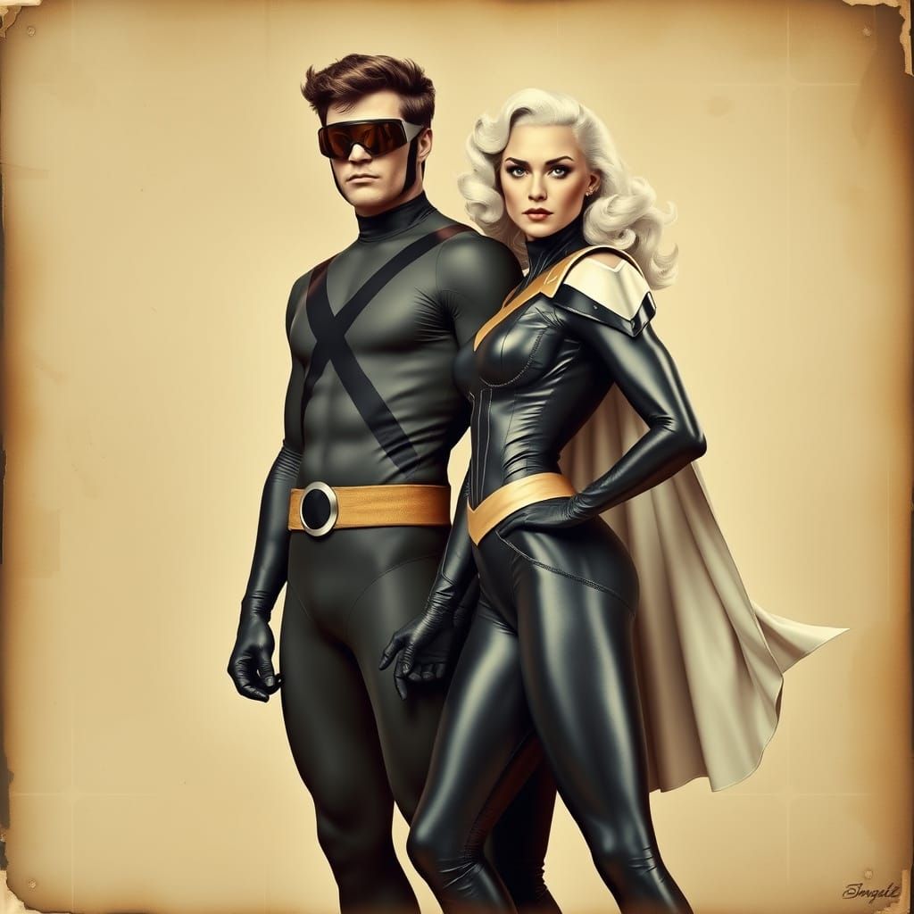 Vintage X-Men Portraits of Cyclops and Storm in 1950s Style