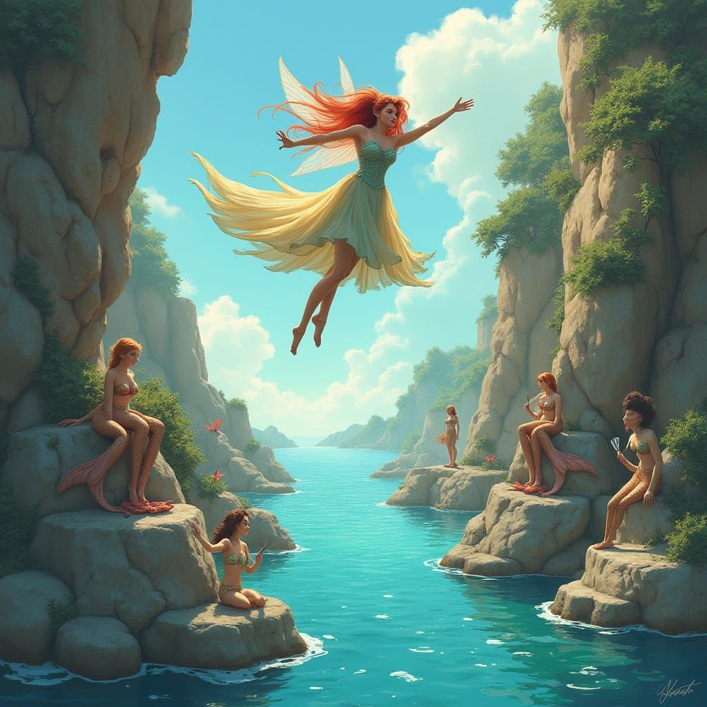Fairy Backflip into Mermaid Cove: Whimsical Art