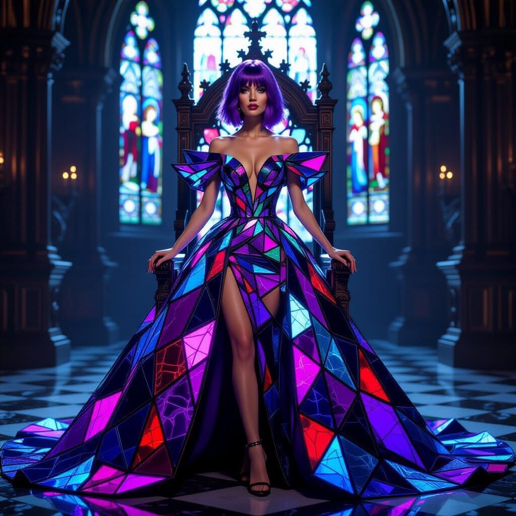 Woman in Stained Glass Gown with Hidden Power