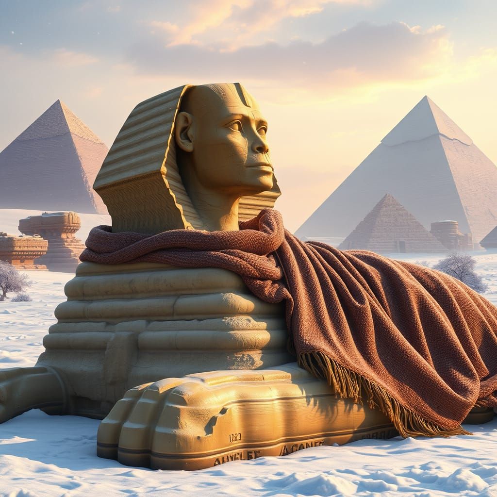 Sphinx in Winter Blanket, Photorealistic Digital Art