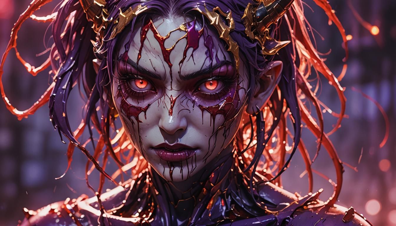 Cracked Demon Girl Statue with Neon Aura