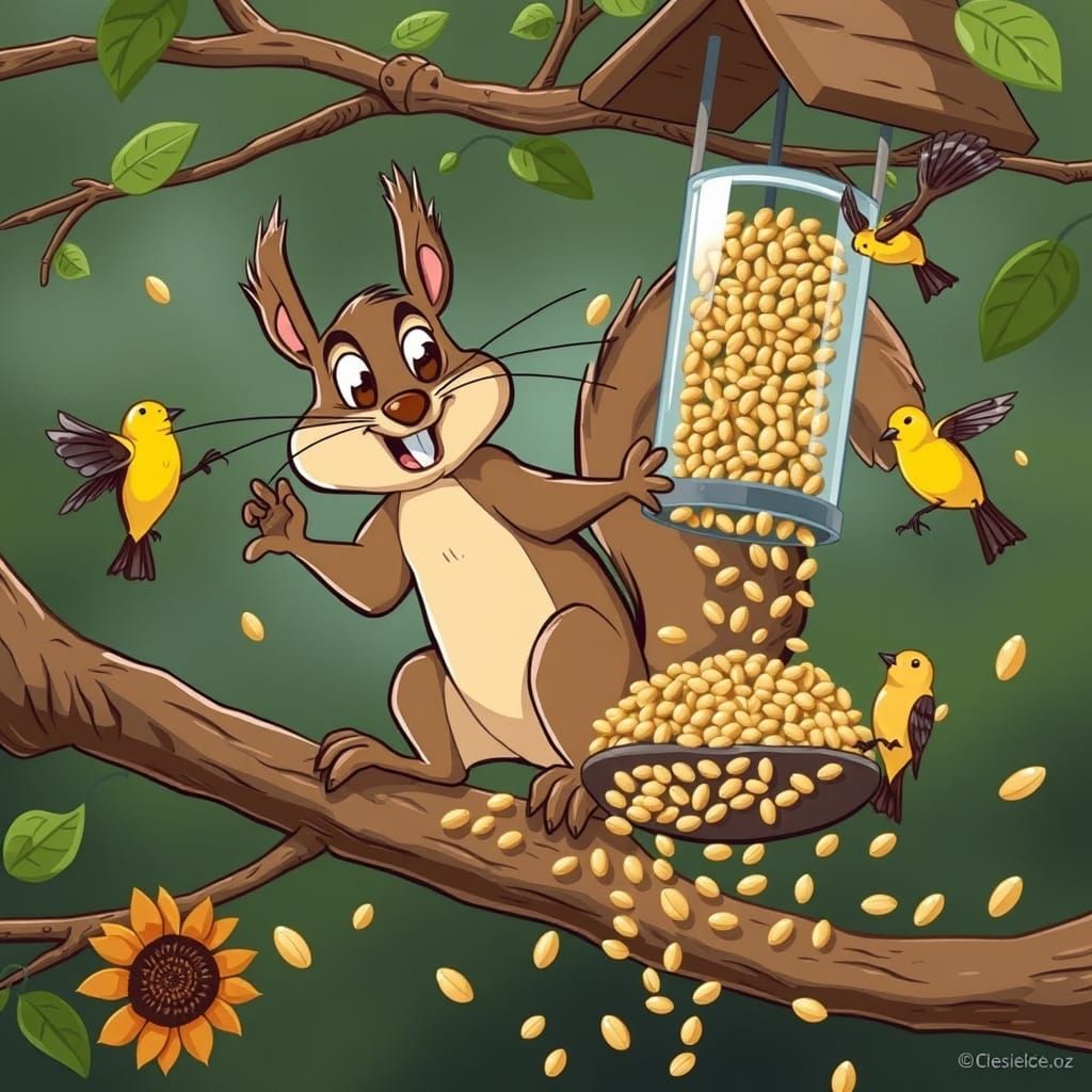 Cartoon Squirrel Raids Bird Feeder for Seeds