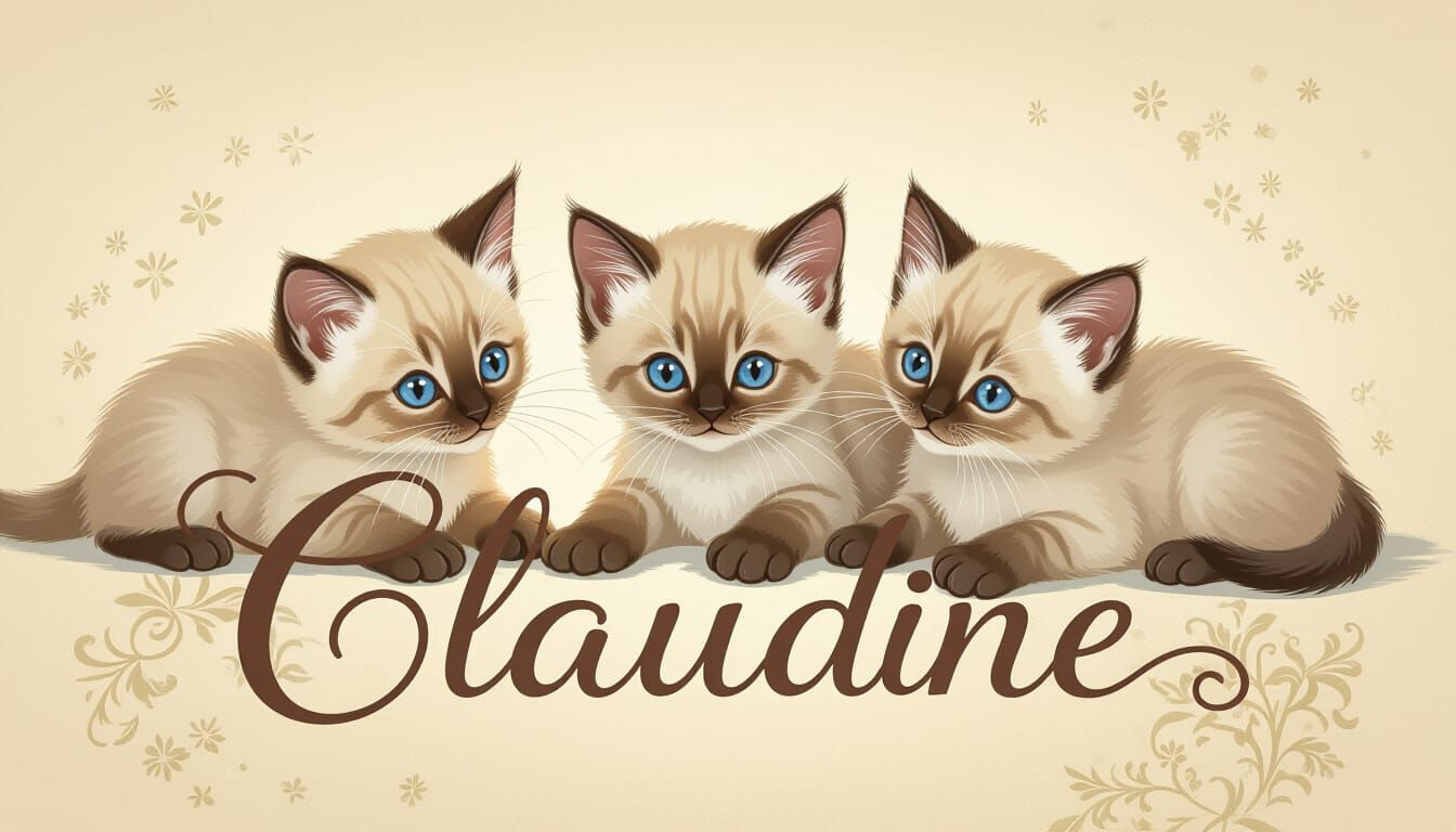 Elegant Siamese Kittens Around "Claudine" in Whimsical Style