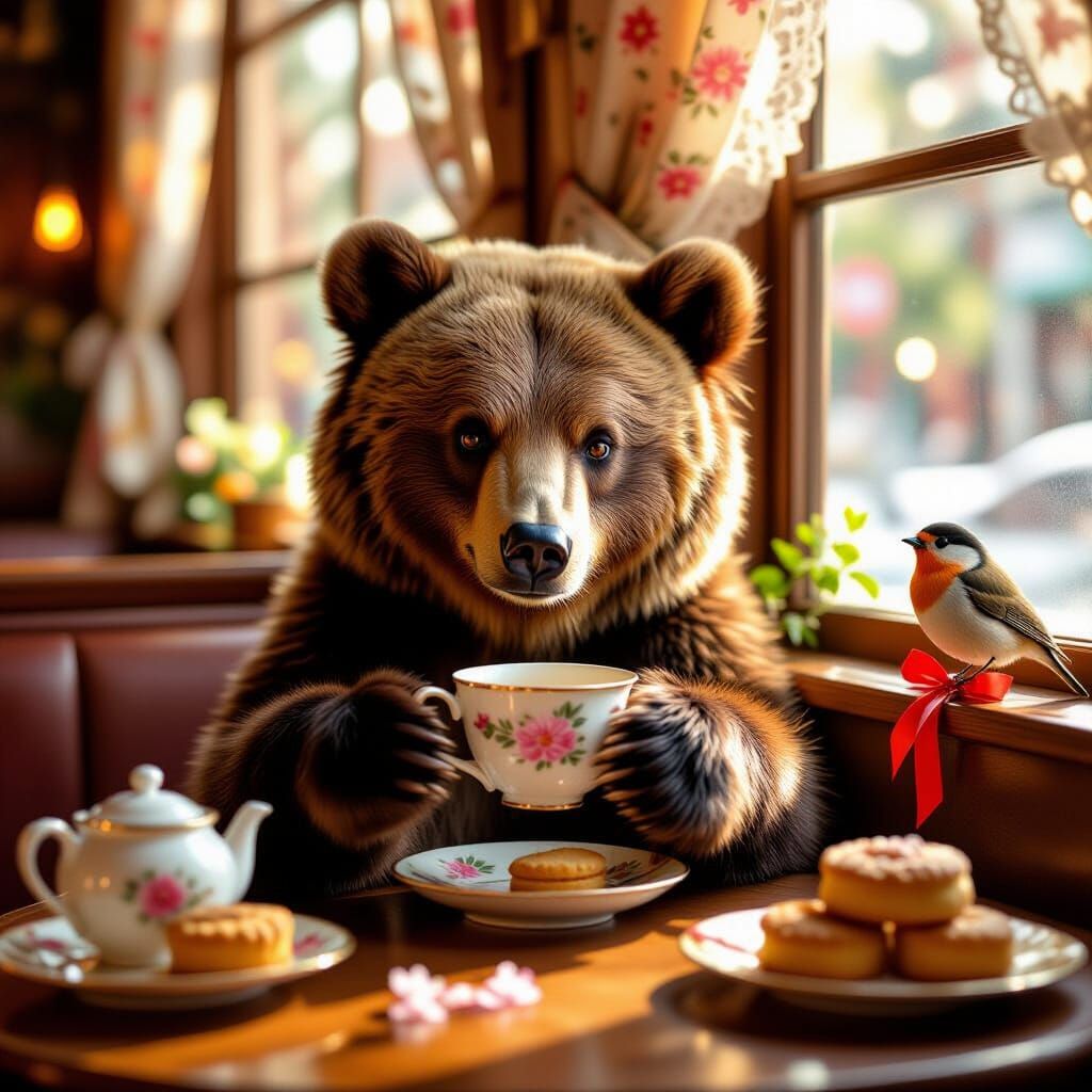 Bear Enjoys Tea in Cozy Restaurant Photorealistic Style