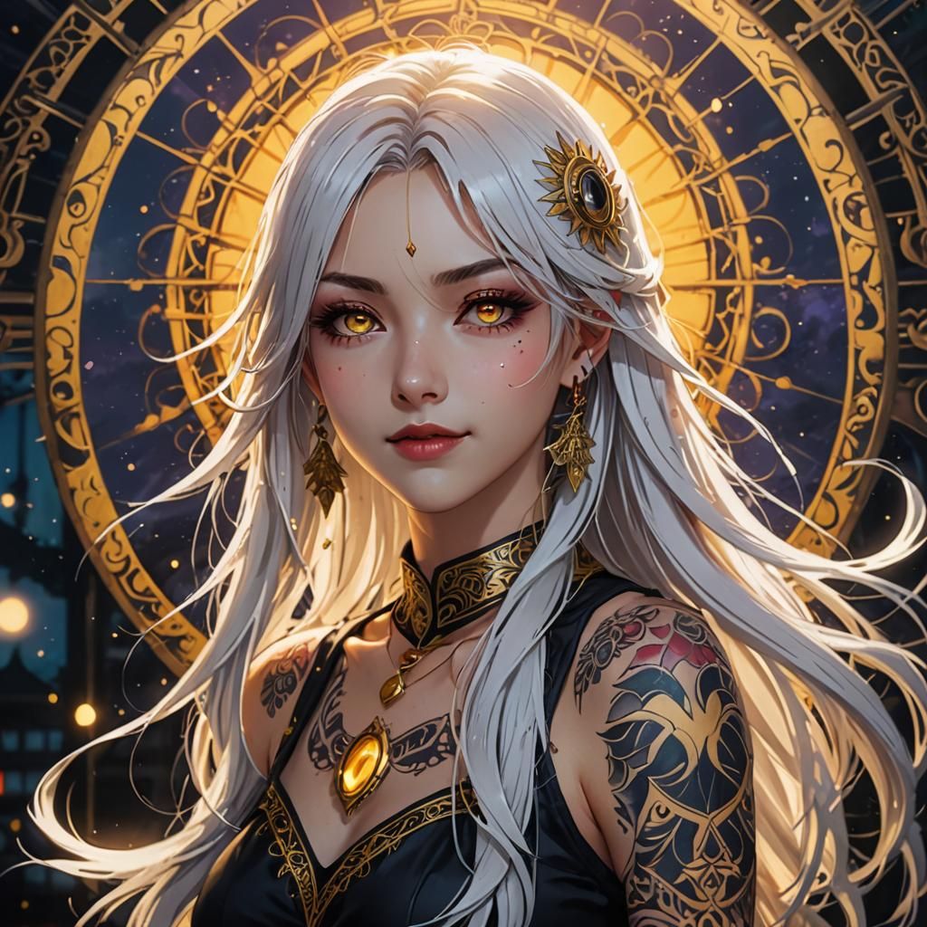 Anime Woman with White Hair and Yellow Eyes