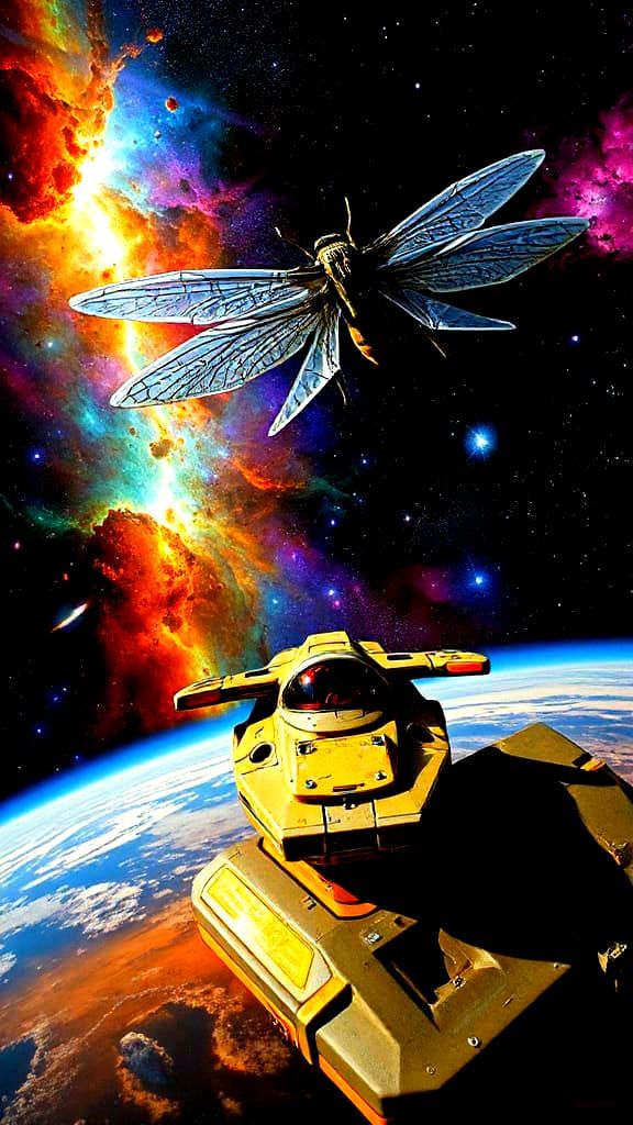 Spaceship Approaches Nebula with Franz Marc Inspired Figures