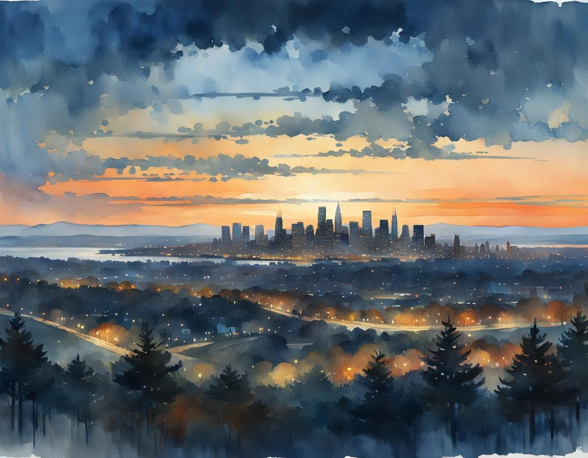 Luminist Cityscape at Dusk in Watercolor Style