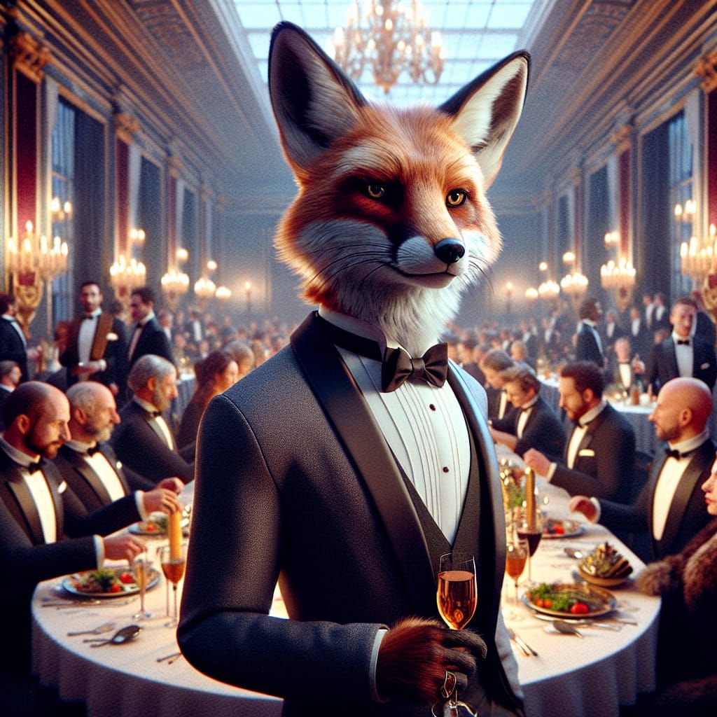 Anthropomorphic Fox in Tuxedo at Grand Dinner Party