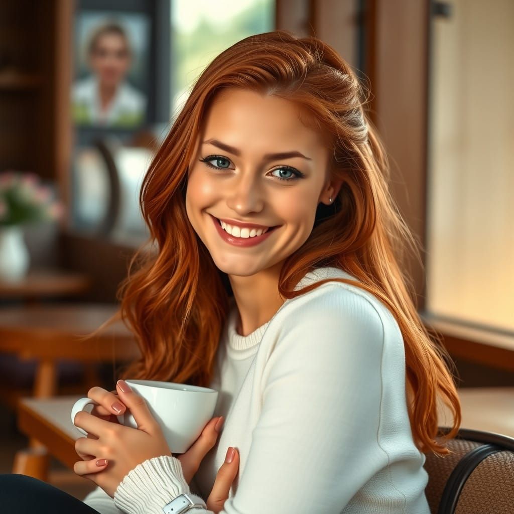 Golden Goddess Sits in Cozy Coffee Shop