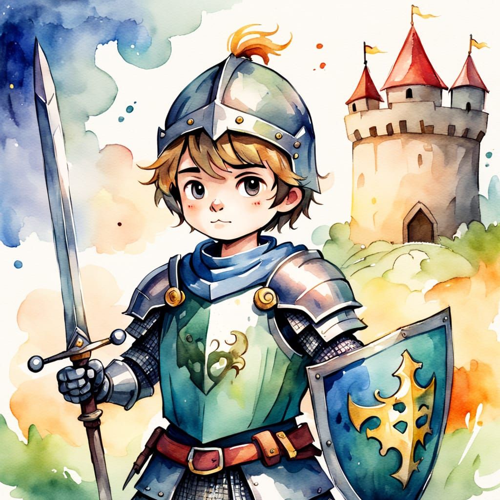 Whimsical Watercolor Portrait of a Young Knight