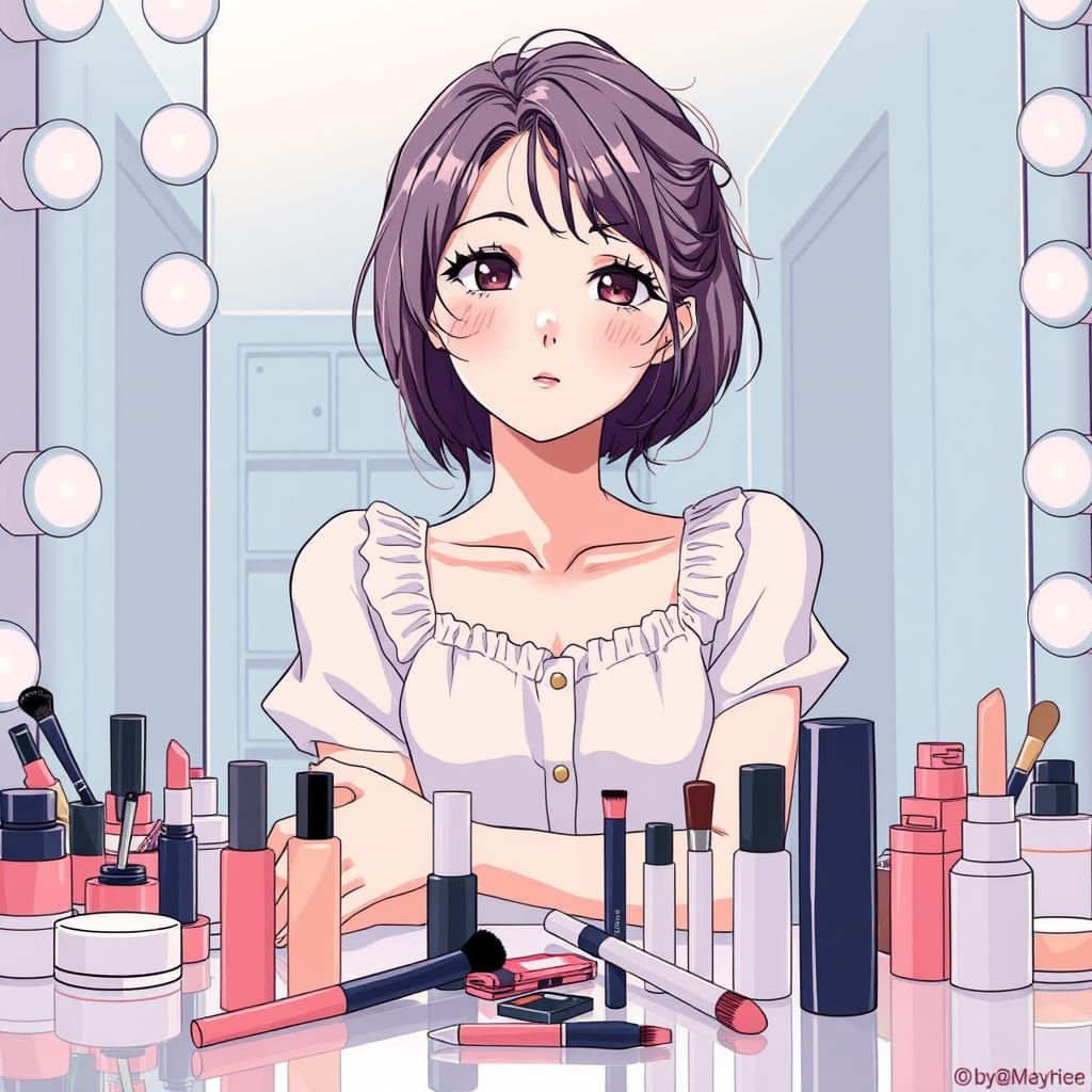 Anime Vanity Scene with Makeup in Vibrant Colors