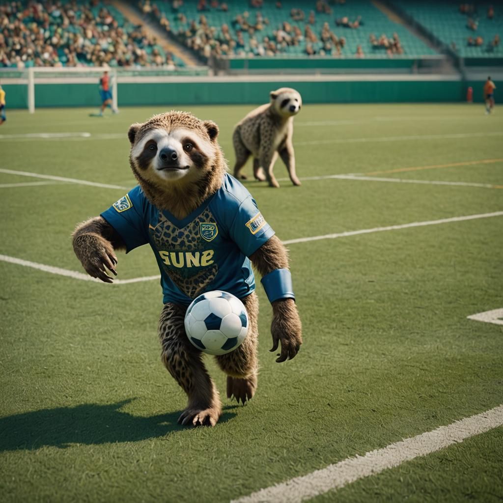 Cheetah-Sloth Hybrid Soccer Player: Cinematic Film Still