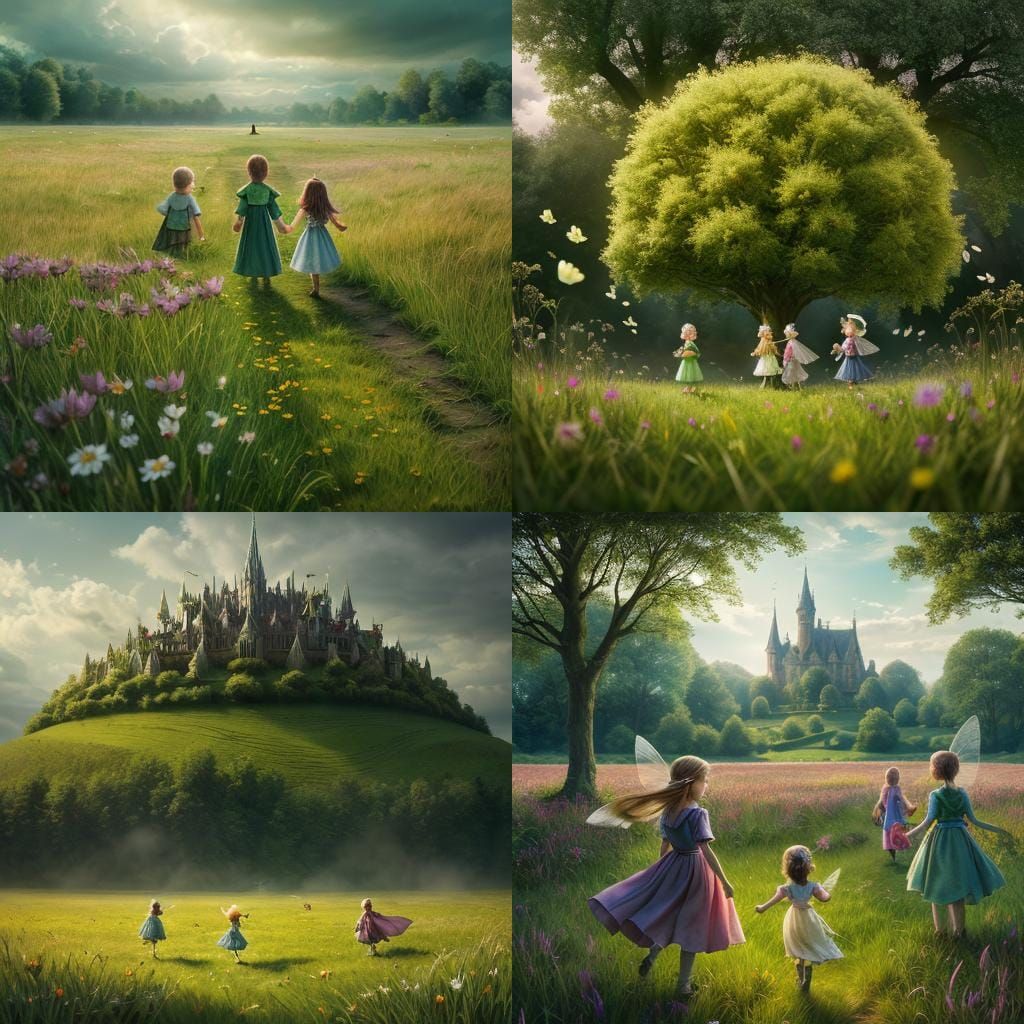 Fairy Families Gather in Sunny Meadow: Hyperrealistic Image