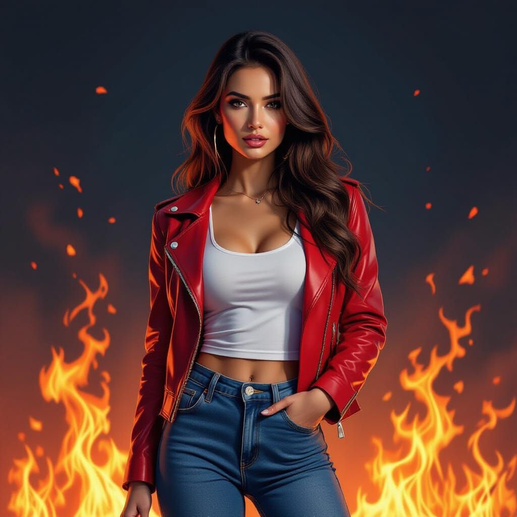Woman in Red Jacket Amidst Flames in Pop Art Style