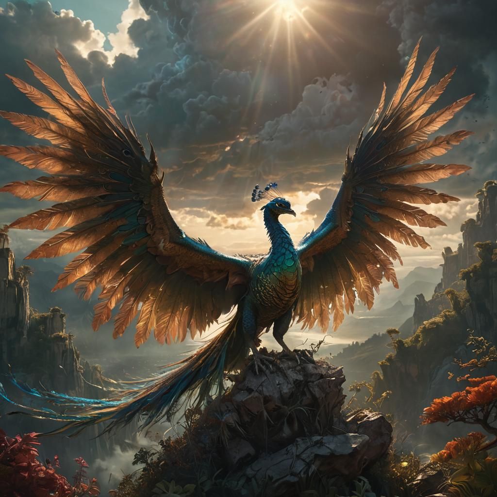 Epic Dragon in Majestic Peacock Feathered Splendor