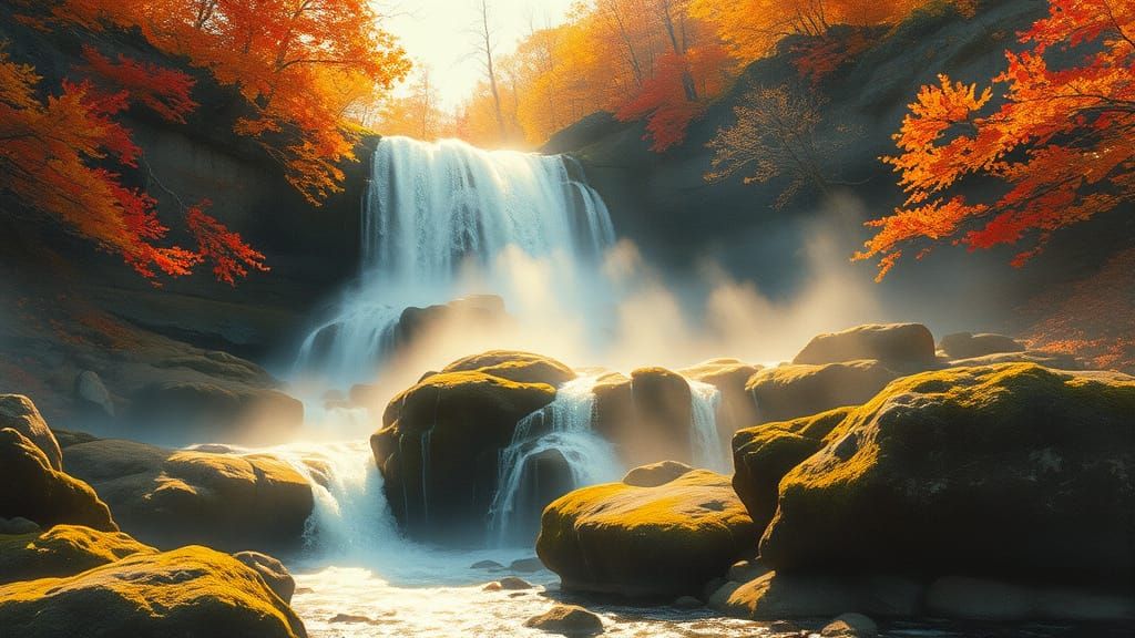Magical Autumn Waterfall in Golden Hour Light