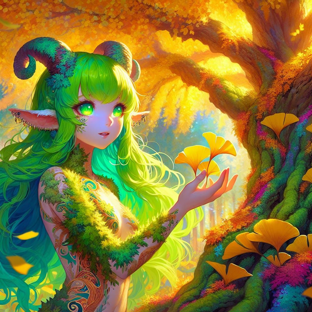 Anime Satyr Girl Gazing at Autumn Ginkgo Tree