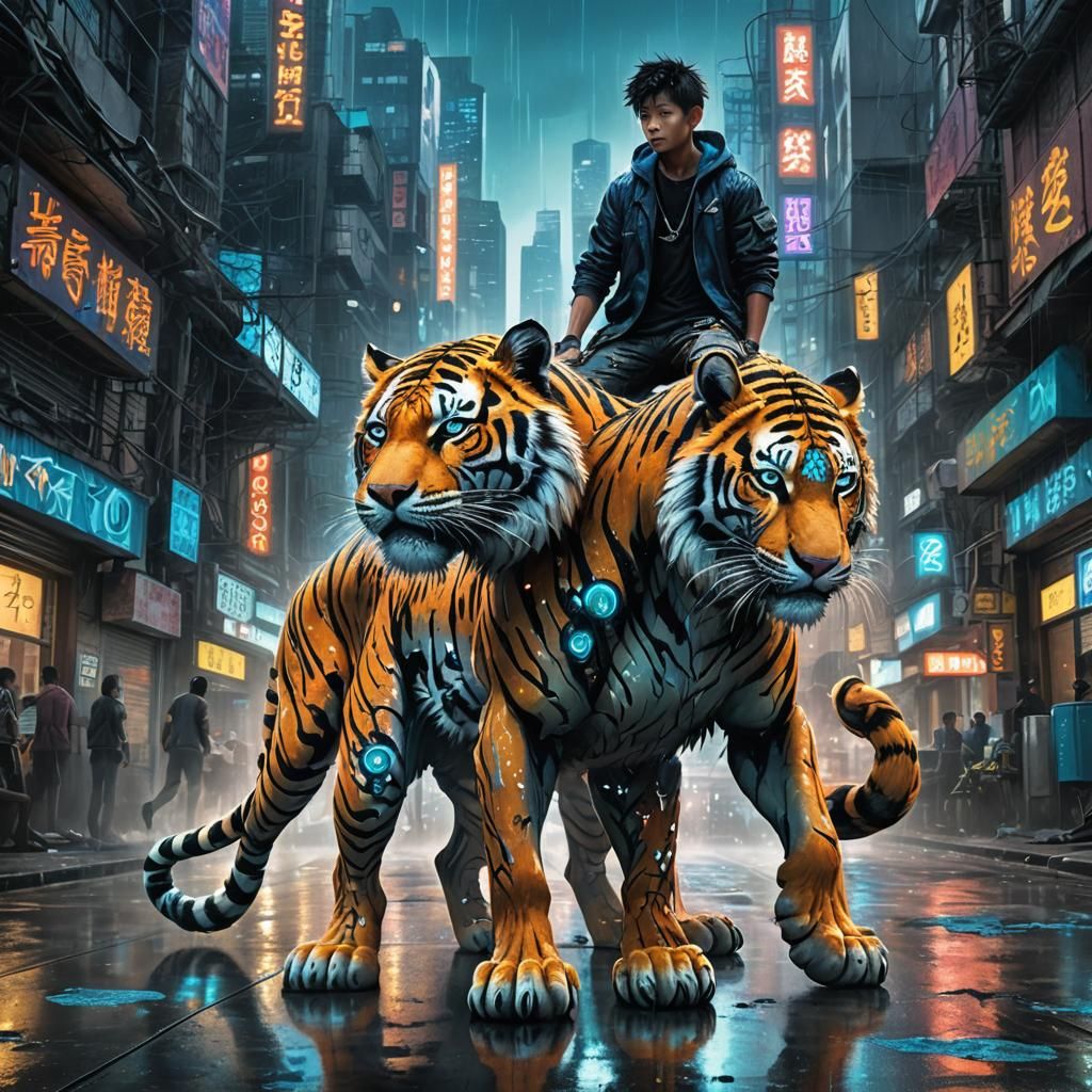 Boy on Cyberpunk Tiger in Dystopian City