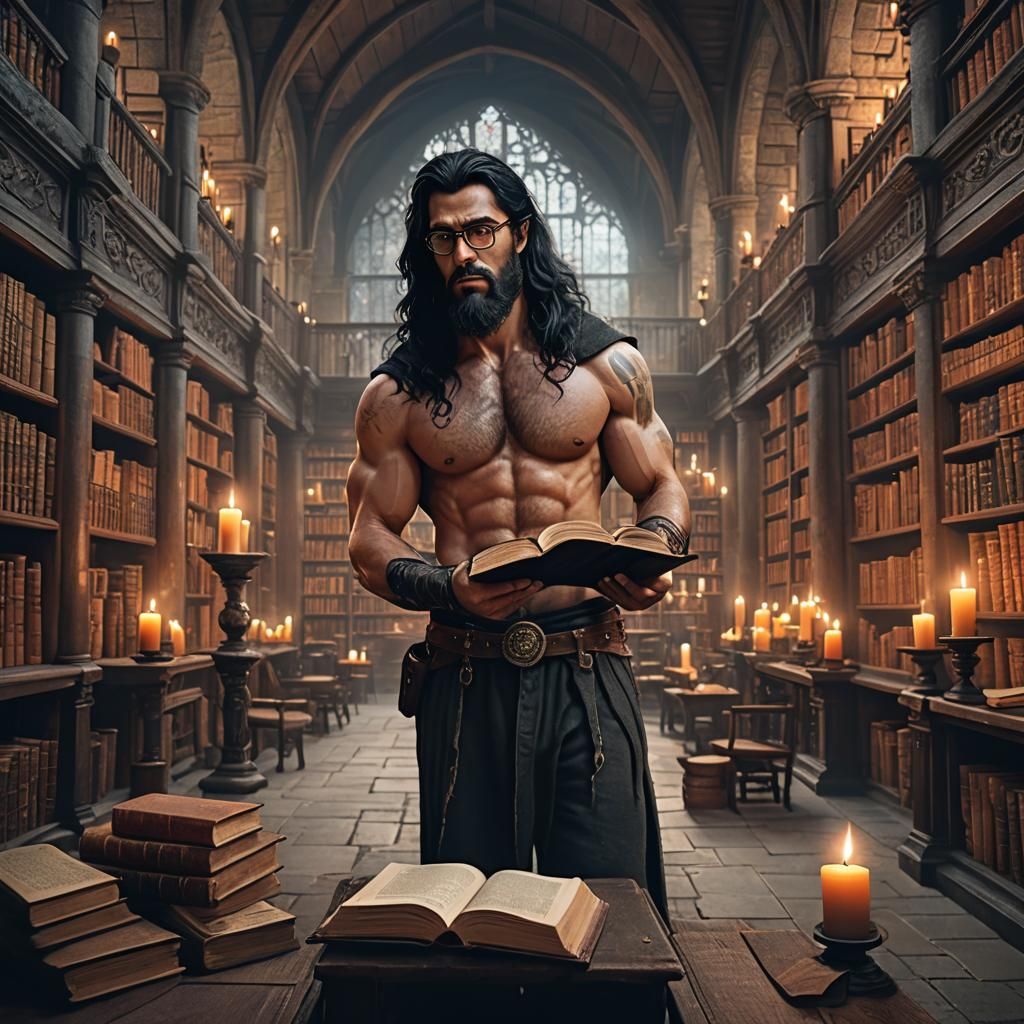 Muscular Man Reading in Medieval Library, Matte Painting