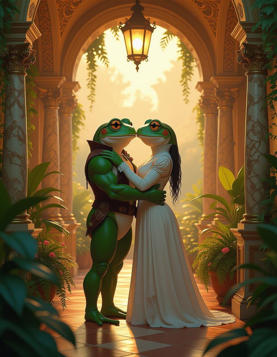 Frogs Embrace in Baroque Maximalist Setting